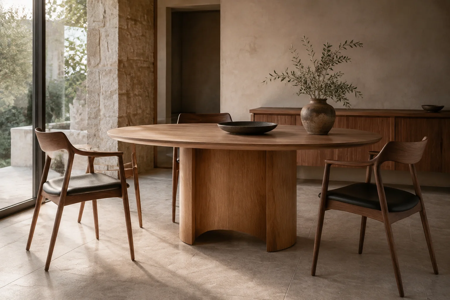 Dining room concept with natural materials and a warm neutral palette
