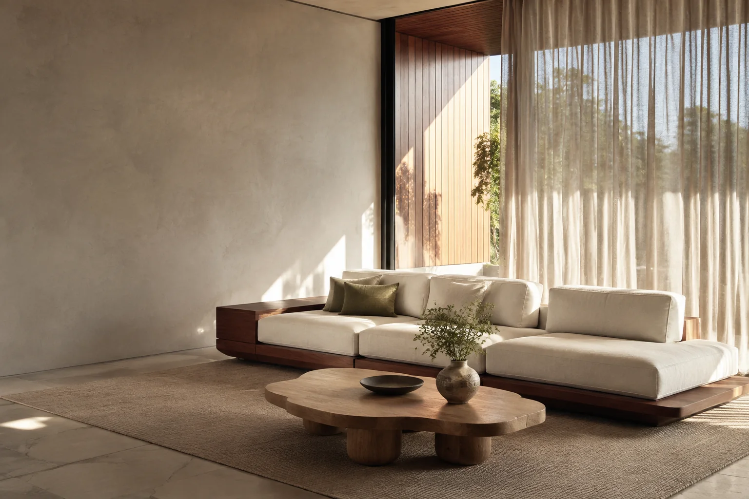 Warm neutral living room concept with wood furniture and soft natural light