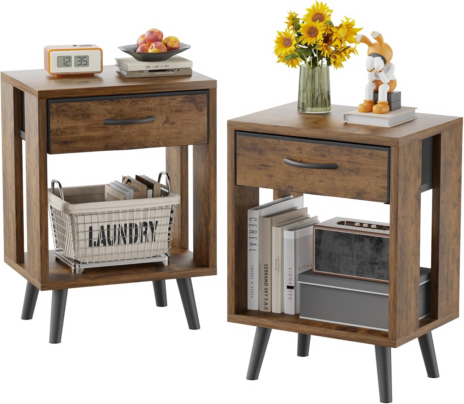 Nightstand Set of 2 with Fabric Drawers and Open Shelves, Bedside Table Set - Dark Rustic Brown Bedroom Side Tables